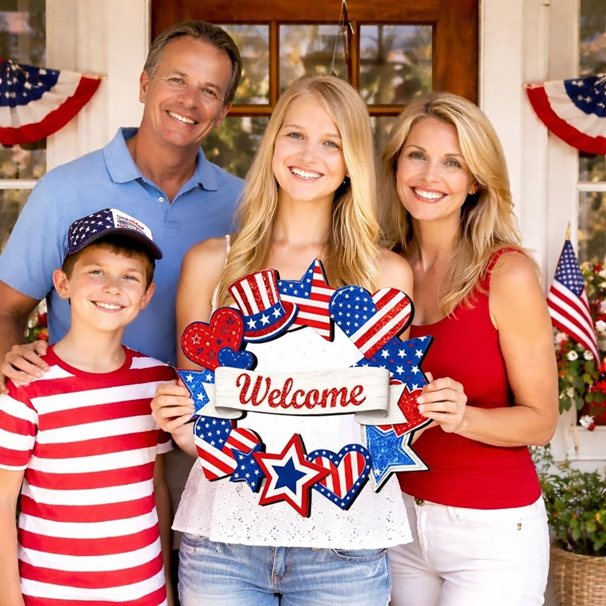 decorazioni in legno per il 4 luglio, ghirlande patriottiche per la porta d'ingresso, decorazioni per il giorno dell'indipendenza, segno stellare di benvenuto, decorazione per il Memorial Day da del 2026 a $14.99 –P3