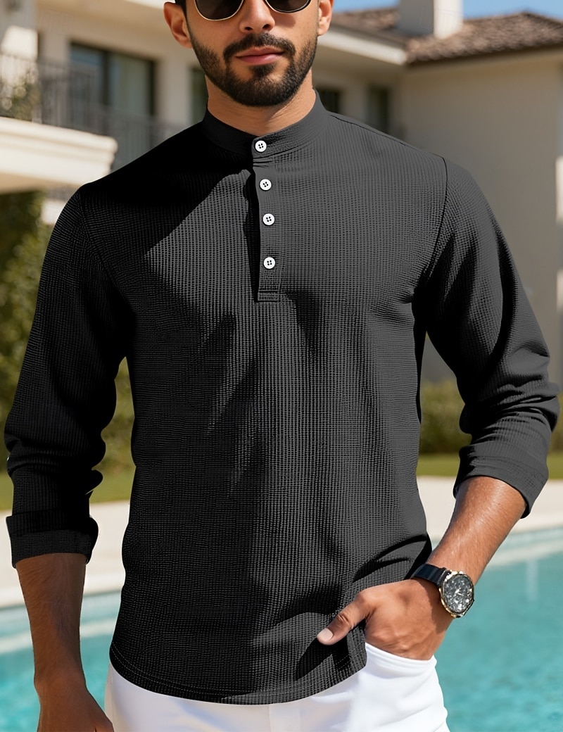 Herren T Shirt Waffel-Henley-Hemd Henley Hemd Langarmshirt Langarm Henley Sommer Frühling Einfach Mode Streetwear Freizeit Knöpfe Lässig Täglich Urlaub Blau Schwarz Weiß Top T-Shirt für Herren 2026 - $24.99 –P18