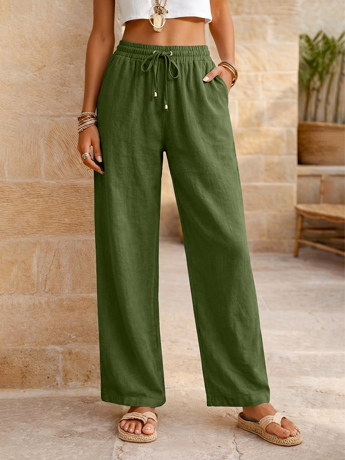 Women's Cotton Linen Pants Summer Pants Pants Trousers Vacation Basic Casual Daily Full Length Natural Plain Drawstring Front Pocket Comfort Breathability Comfortable Inelastic Daily Going out Weekend 2026 - $22.99 –P18