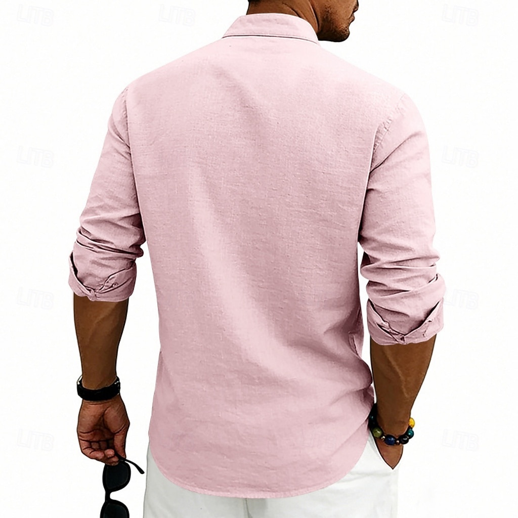 Homens Camisa Social Camisa de linho camisa de verão camisa de praia Tecido Casual Férias Preto Branco Rosa Azul Marinha Manga Longa Faixa Verão Primavera Roupa Bolsos de 2026 por $25.99 –P3