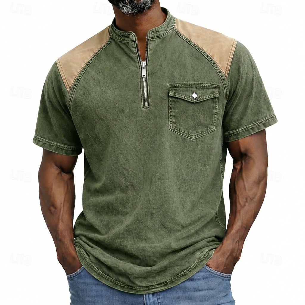 Men's Henley Shirt 100% Cotton Acid Wash Shirt Short Sleeve Plain Solid Vintage Retro Vintage Casual Zipper Vintage Style Garment Dyed Henley Casual Spring & Summer Summer Spring Black Pink Light 2026 - $33.99 –P6