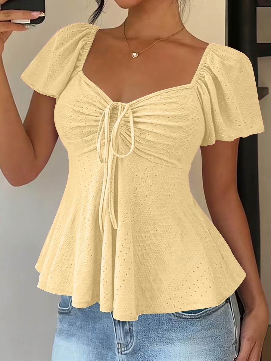 Femmes Chemisier Cordon de serrage Œillet Couleur Unie Élégant Sexy Occasionnel Manche Courte Col carré Hauts Réguliers Quotidien Noir Blanche Jaune Rose Claire Bleu Ciel Été Printemps de 2026 ? $19.99 –P8