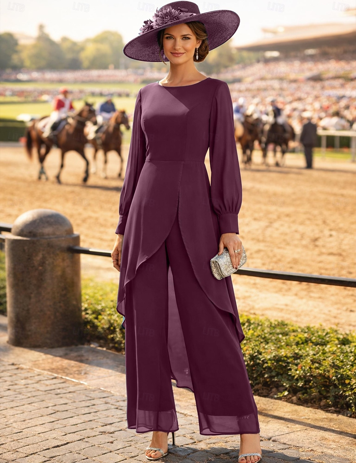 Buksedrakt Asymmetrisk Kjole til brudens mor Langermet Crew-hals Elegant Formell Bryllupsgjest Formell kveld Chiffon med Ensfarget 2026 - $160.99 –P14