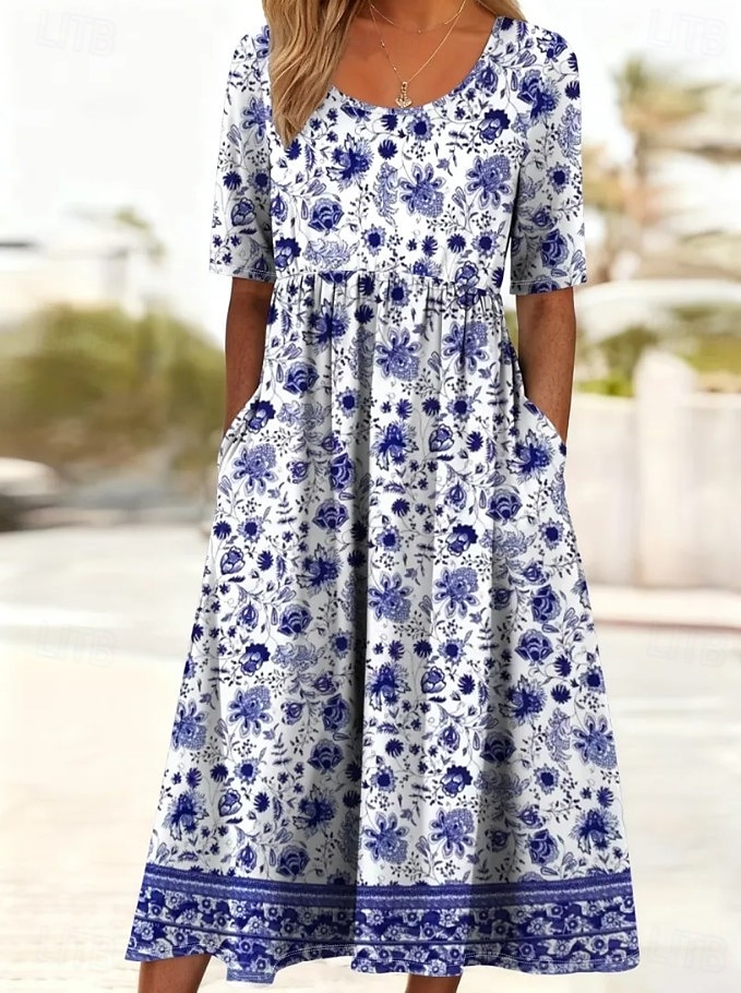 Per donna Abito Midi Abito a Tubino Vacanza Casual Boho Quotidiano Abito Estivo Abito Primaverile Vestibilità regolare Floreale Grafico Mezza Manica Girocollo Blu Fucsia Estate Primavera del 2026 a $32.99 –P1