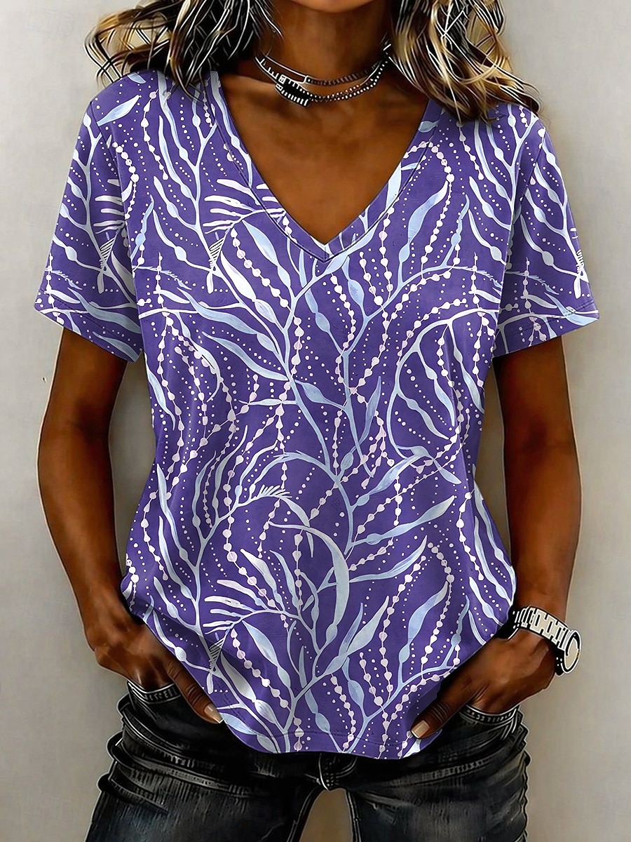 Mujer Camiseta Estampado Graphic Plantas Abstracto Elegante Clásico Casual Manga Corta Escote en Pico Tops regulares Casual Diario Rojo Morado Verde Trébol Gris Verano Primavera 2026 - $8.49 –P3