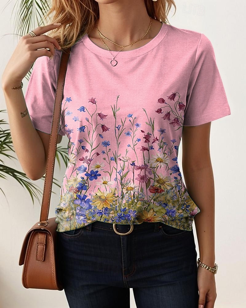 Damskie Podkoszulek Nadruk Kwiaty Graficzny Rośliny Moda Elegancki Klasyczny Krótki rękaw Półgolf Zwykłe topy Codzienny Weekend Niebieski Żółty Rumiany róż Jasnofioletowy Lato Wiosna 2026 - $21.99 –P4
