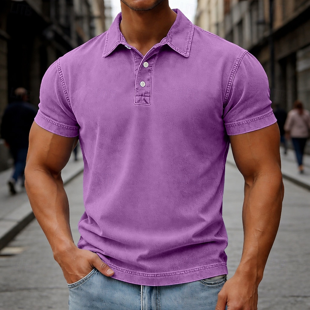 Chemises Polo SoftFade™ pour hommes 100% coton chemise à lavage acide décontractée vacances col manches courtes mode basique uni vintage usé été printemps bleu marron foncé noir vert clair violet de 2026 ? $32.99 –P2