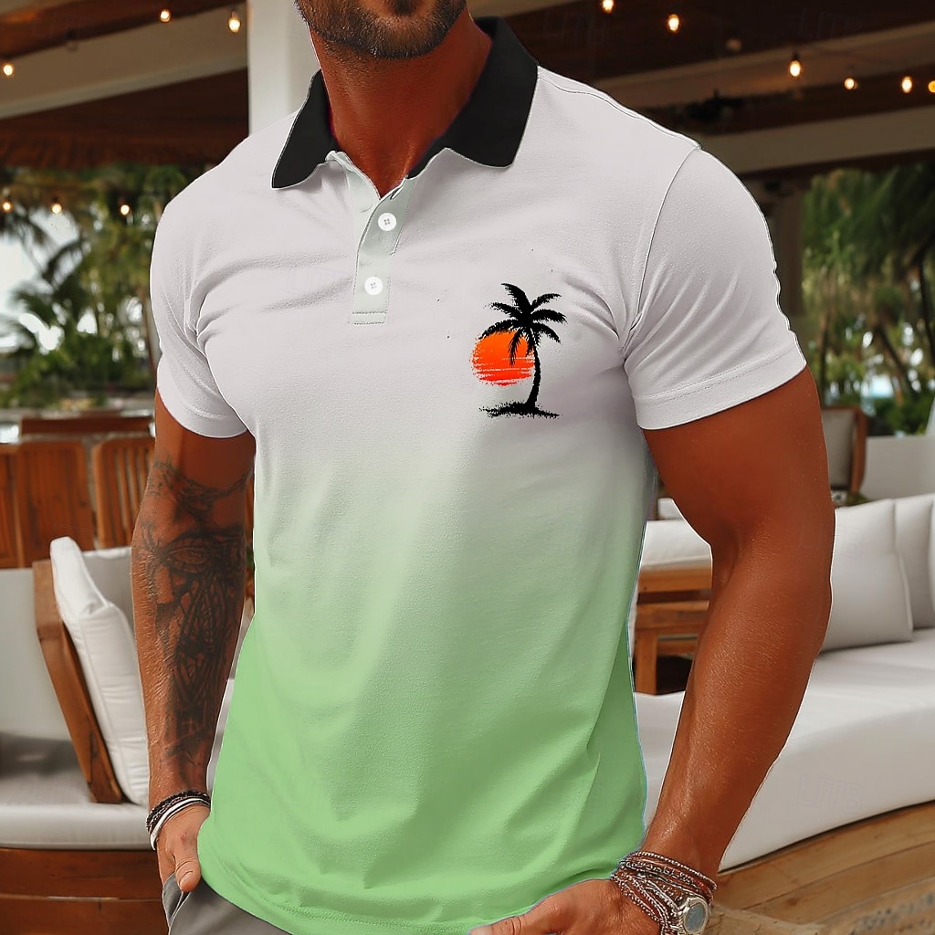 Men's Palm Tree Hawaiian Polo Shirts Short Sleeve Polo Shirts Collared Shirts Casual Resort Athleisure Vacation Wear 3D Print Buttons Breathable Mesh Spring & Summer Blue Pink Green 2026 - $22.99 –P3