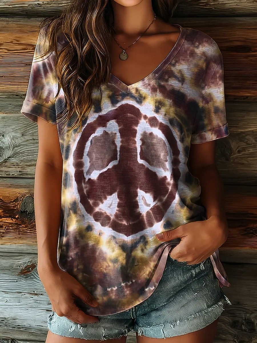 Dames T-shirt Afdrukken Grafisch Tie Dye Abstract Stijlvol Klassiek Casual Korte mouw V-hals Normale tops Casual Dagelijks Paars Bruin Groen Zomer Lente 2026 - $22.99 –P2