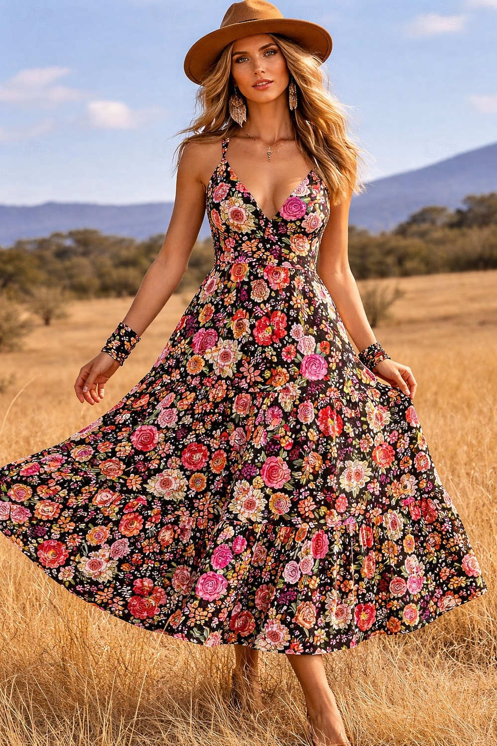 Women's Maxi Dress Boho Dress Sundress Casual Dress Ethnic Dress Elegant Bohemia Vacation Beach Holiday Date Loose Fit Floral Graphic Sleeveless V Neck Black Red Orange Summer Spring 2026 - $41.99 –P2
