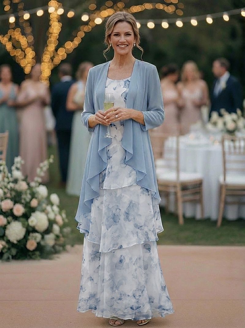 Two Piece A-Line Floor Length Wedding Guest Dress Mother of the Bride Dress Sleeveless 3/4 Length Sleeve Scoop Neck Elegant Simple Minimalist Formal Semi Formal Chiffon Jacquard with Floral Print 2026 - $194.99 –P6