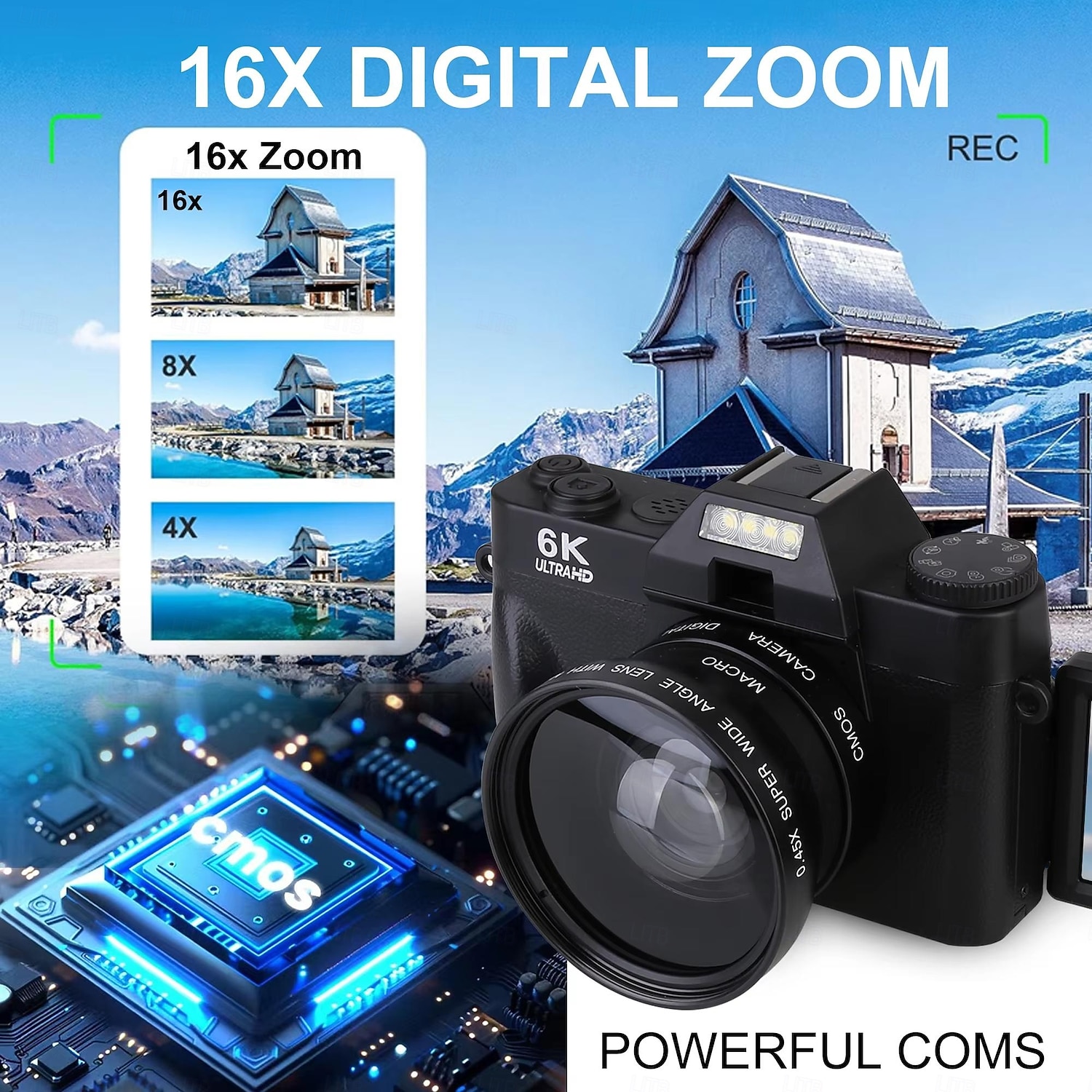 Цифровая фото- и видеокамера 6K, камера для видеоблогинга 64 Мп с автофокусом, поворотным экраном на 180°, вспышкой, замедленной съемкой и широкоугольным объективом. &макрообъектив, компактная камера 2026 - $127.99 –P2