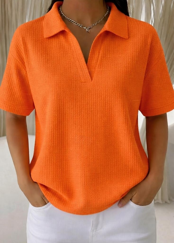 Női 100% pamut oversized bordázott kötött felsők póló Tee ejtett vállú stílusos alkalmi rövid ujjú V nyakú inggallér normál felsők napi szórakozás nyaralás viselet kék fehér narancs zöld világoskék 2026 - $26.99 –P1