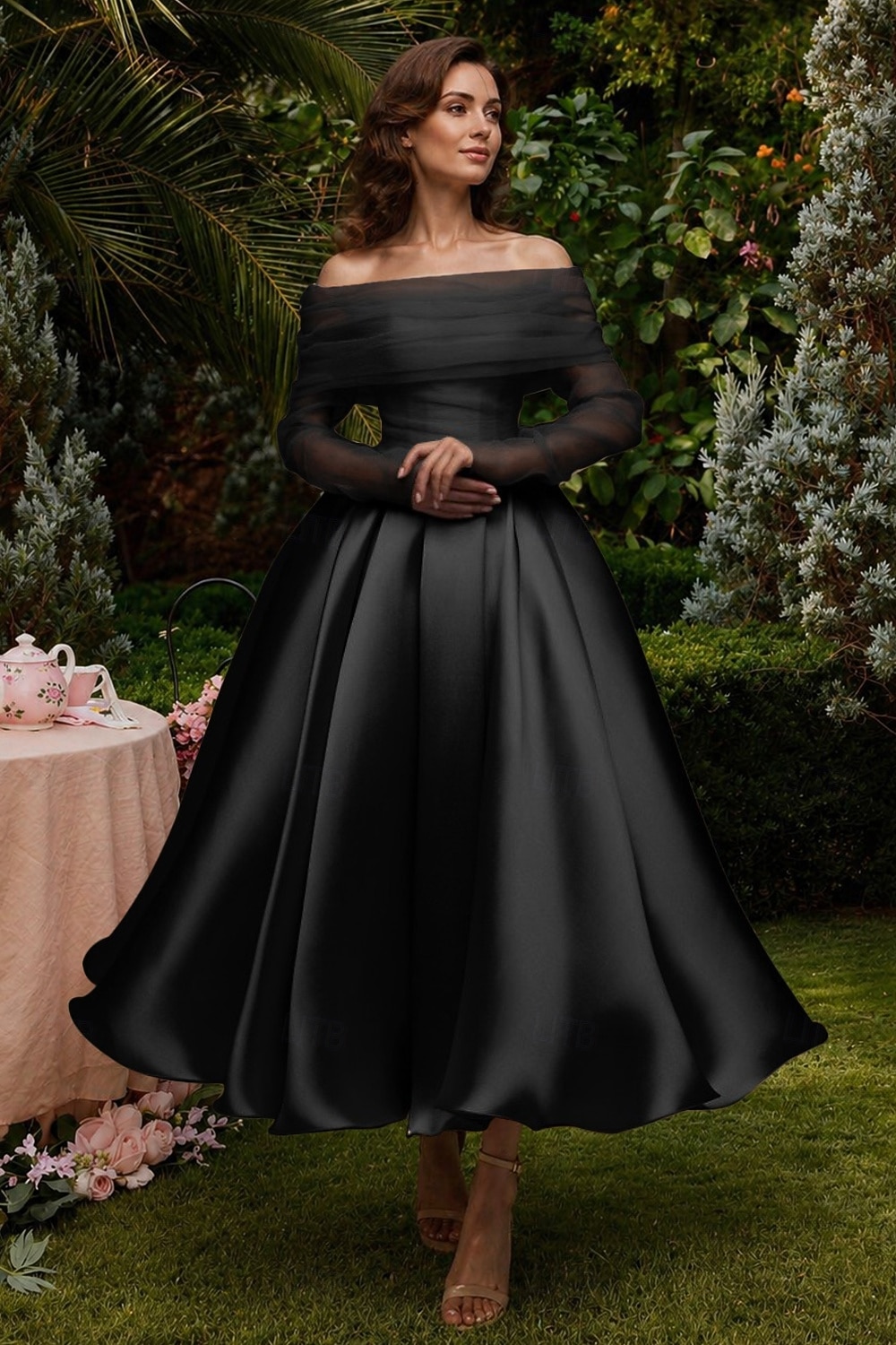 Ballkleid A-Linie Knöchellänge Cocktailkleider Partykleider Elegant Vintage Langarm Schulterfrei Hochzeit Formell Abnehmbar Satin mit Schal 2026 - $149.99 –P11