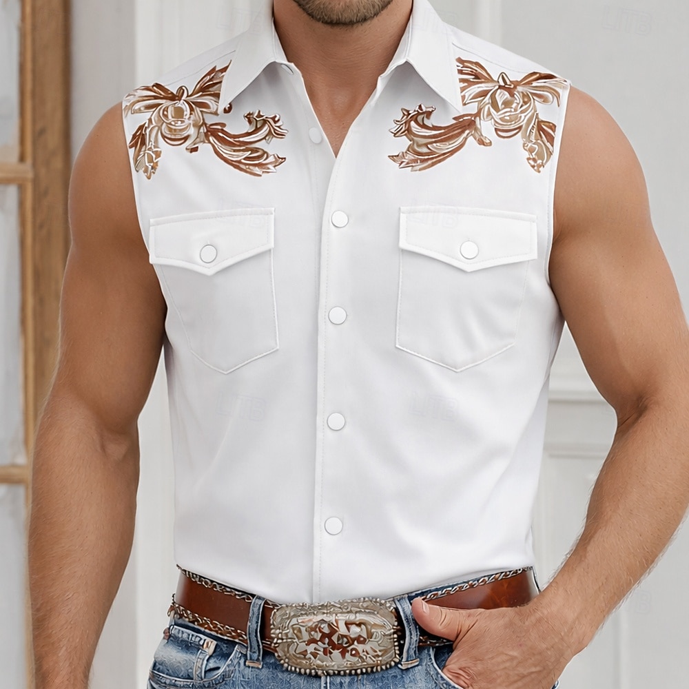 Homens Estampa floral Vintage camisa ocidental Camisa de caubói camisa sem manga Sem Manga estilo ocidental Ao ar livre Trabalho Casual Verão Primavera Aberto para a Lateral Impressão 3D Camisas de de 2026 por $25.99 –P4
