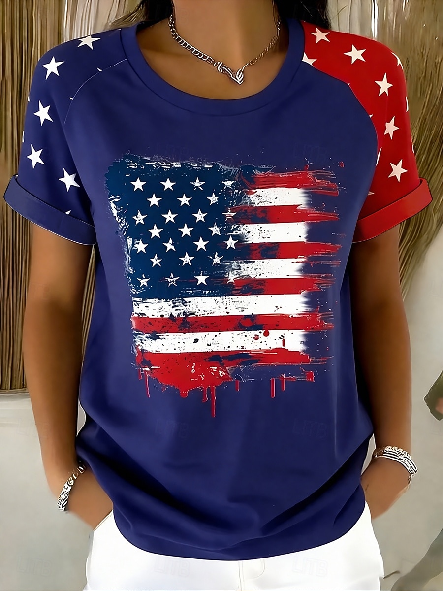 Giorno dell'Indipendenza Americana Per donna Maglietta Stampato Grafico Bandiera Americana Vintage Elegante Classico Manica Corta Girocollo Top Regolari Quotidiano Blu Bianco Rosso Estate Primavera del 2026 a $21.99 –P1