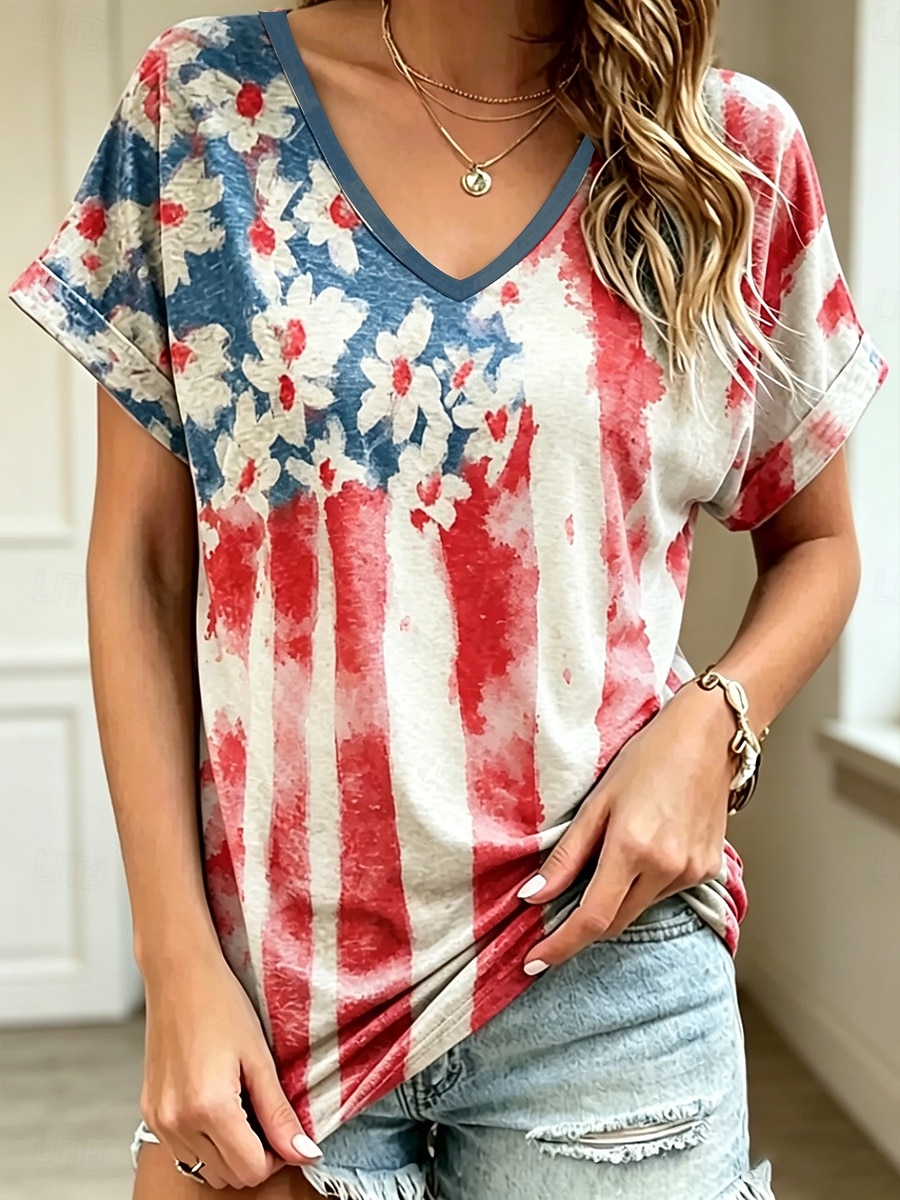 American Independence Day Women's T Shirt Print Graphic American Flag Vintage Stylish Classic Short Sleeve V Neck Regular Tops Casual Daily Weekend Blue White Red Summer Spring 2026 - $21.99 –P3