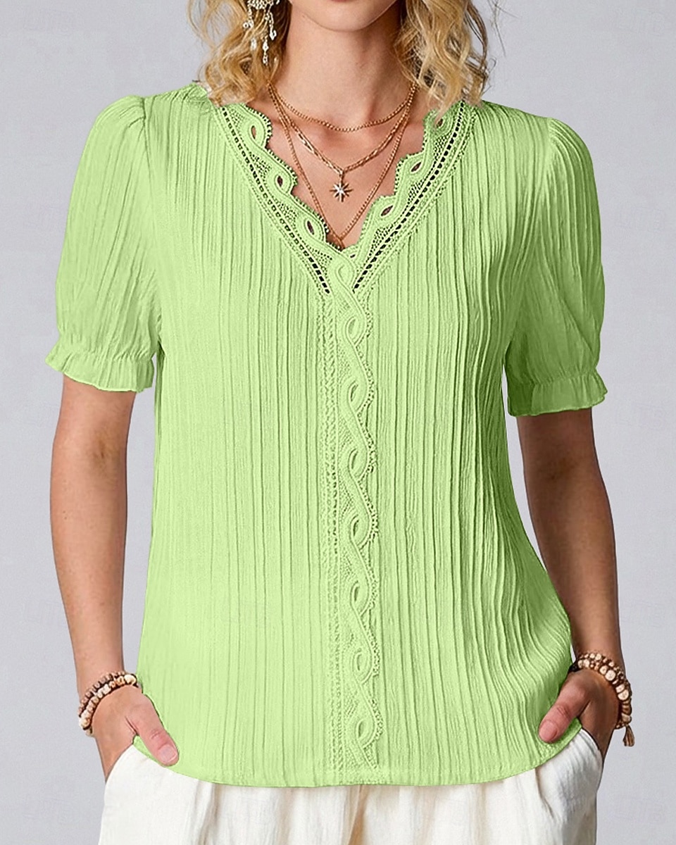 Women's T Shirt Lace Splicing Top Tee Top Lace Patchwork Plain Fashion Stylish Classic Short Sleeve V Neck Regular Tops Daily Going out Weekend Black White Yellow Purple Fuchsia Summer Spring 2026 - $17.49 –P2