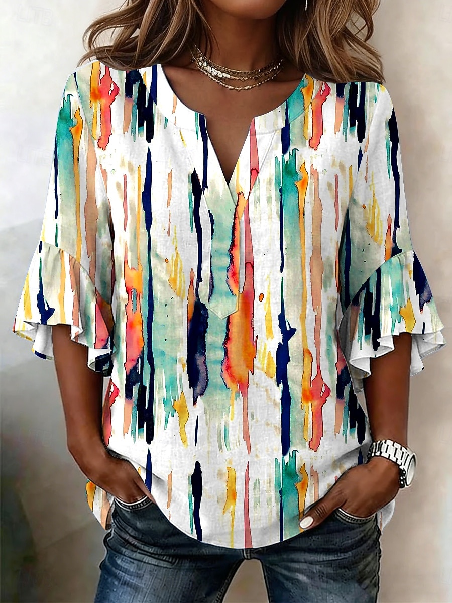 Women's Blouse Ruffle Print Graphic Geometric Vacation Daily Retro Vintage 3/4 Length Sleeve V Neck Regular Tops Casual Daily Holiday Blue Purple Orange Green Summer Spring 2026 - $26.99 –P1