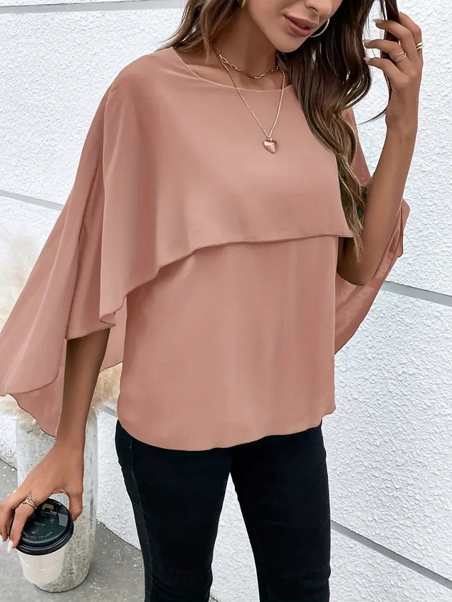 Mulheres Blusa Franzido Côr Sólida à moda Básico Casual Manga 3/4 Gola Redonda Tops regulares Diário Azul Preto Rosa Vermelho Camelo Verão Primavera Outono de 2026 por $25.99 –P11