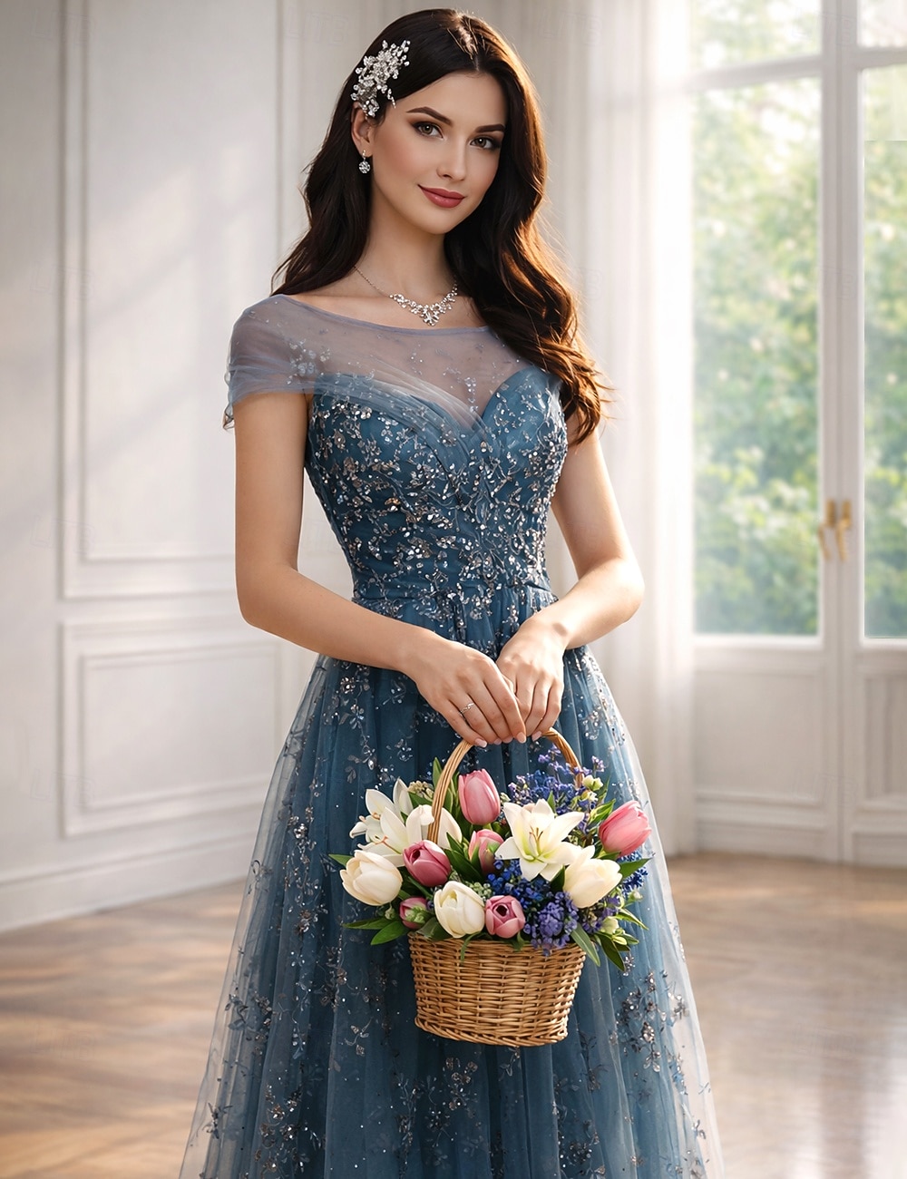 A-linje Golvlång Balklänningar Elegant Kortärmad Prydd med juveler Bröllopsgäst Bröllopsfest Tyll med Plisserat Applikationsbroderi 2026 - NZ $258.81 –P2