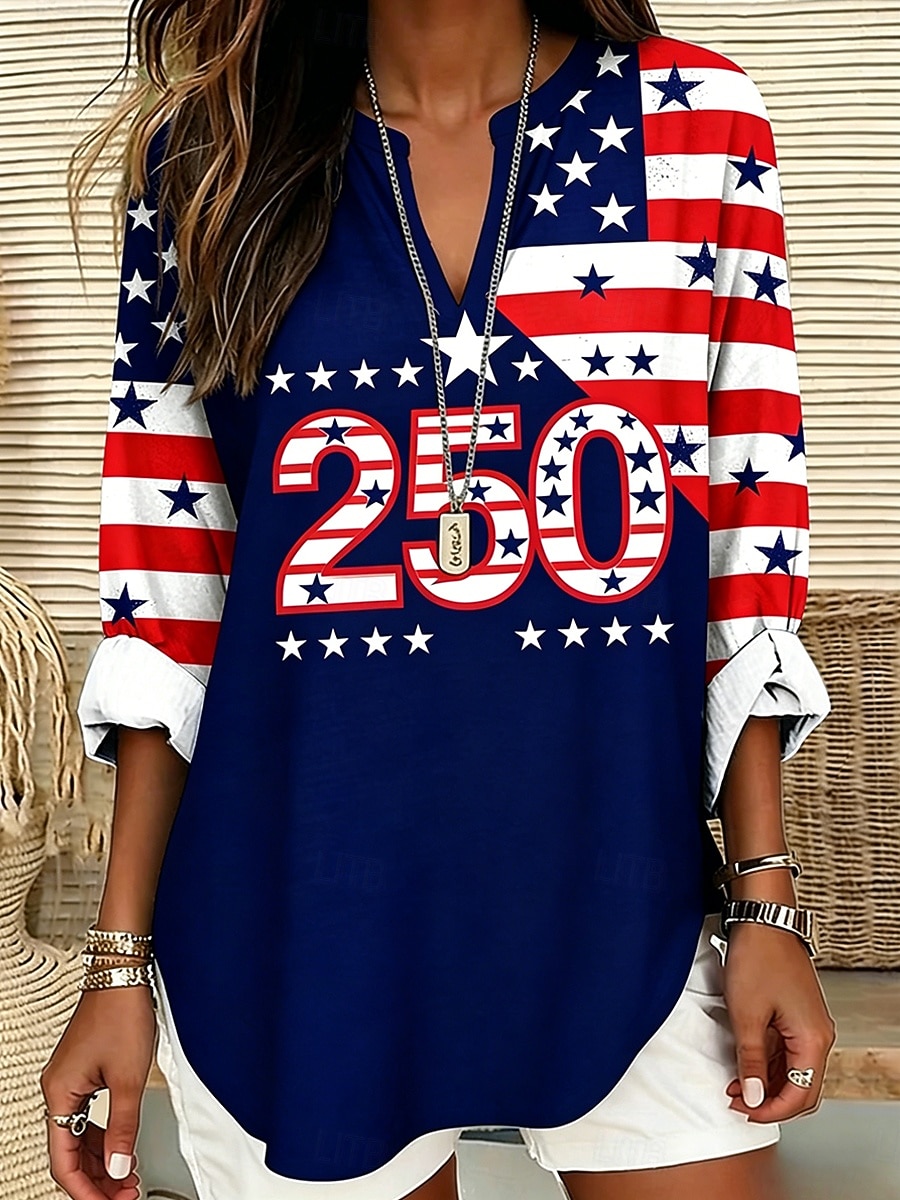 Amerikaanse onafhankelijkheidsdag Dames Blouse Afdrukken Vlag Vintage Stijlvol Casual Lange mouw V-hals Normale tops Casual Dagelijks blauw Rood Zomer Lente 2026 - $31.99 –P1