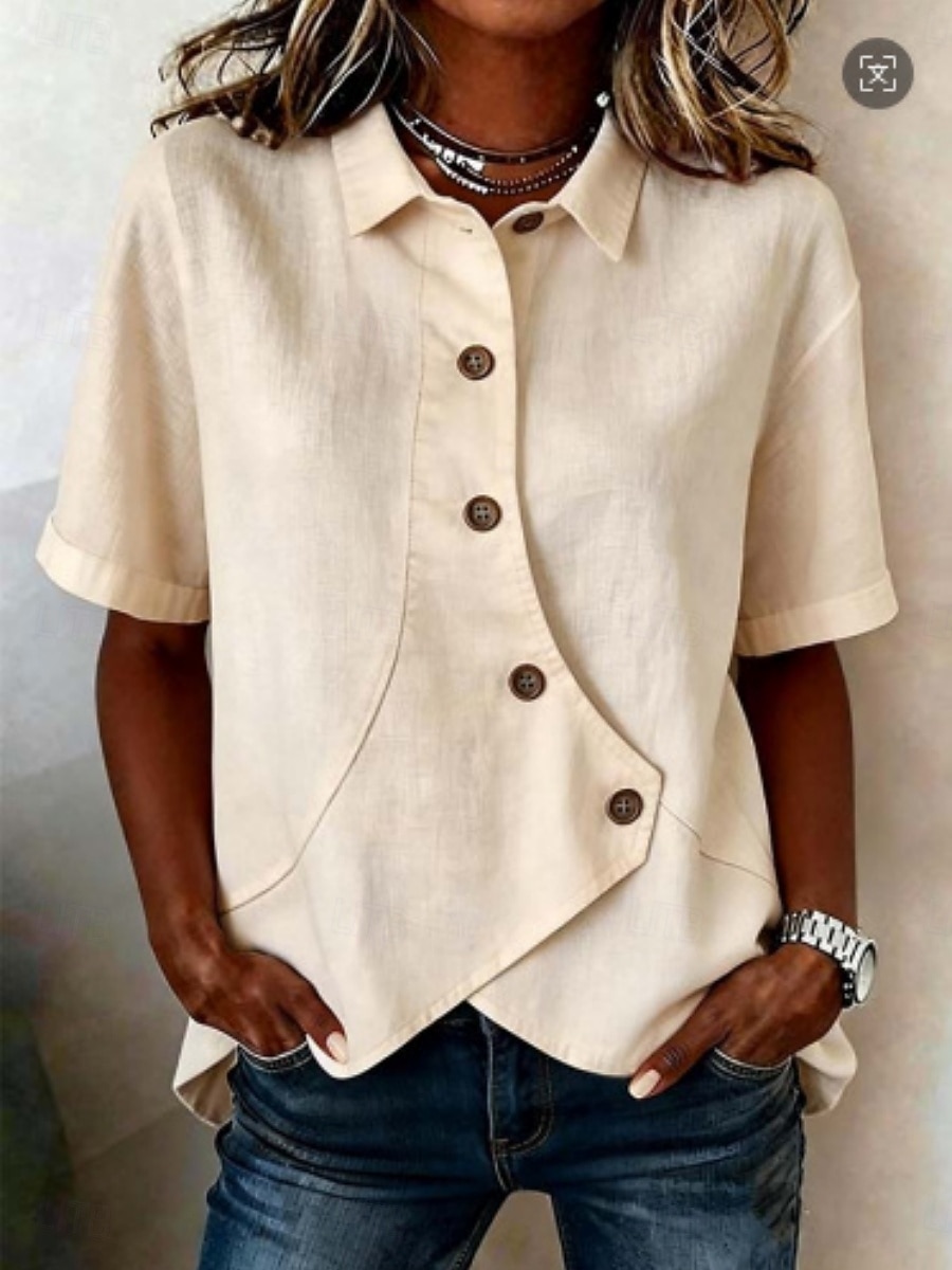 Per donna Blusa Finto cotone e lino Bottoni Tinta unica Essenziale Casual Manica Corta Colletto a Camicia Top Regolari Quotidiano Blu Bianco Albicocca Estate Primavera del 2026 a $11.99 –P9
