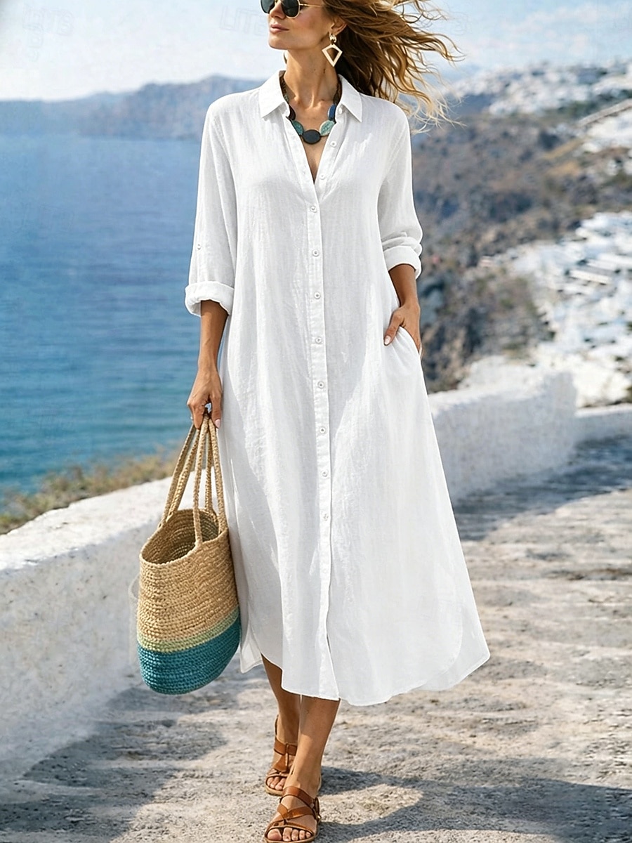 Women's Maxi Dress Cotton Linen Dresses Shift Dress Basic Daily Loose Fit Plain Long Sleeve Shirt Collar Black White Light Brown Orange Summer Spring Fall 2026 - $36.99 –P3