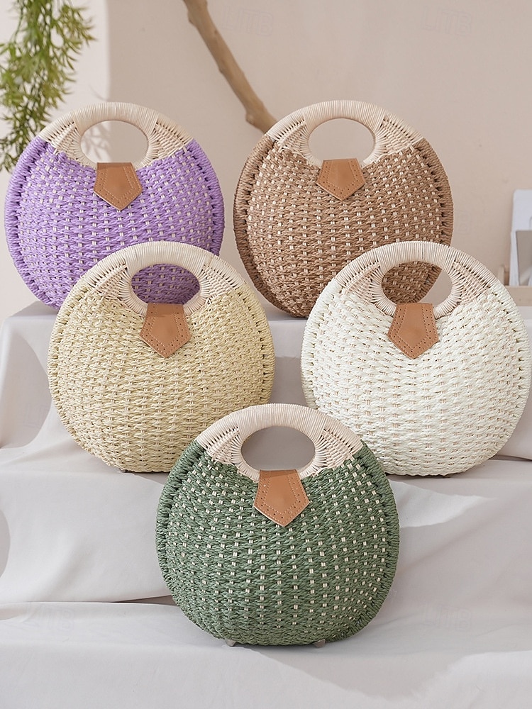 Borsa tote rotonda da donna in paglia, disponibile in diversi colori, ideale per vacanze al mare, viaggi in resort, outfit estivi casual e per un look boho di tutti i giorni. del 2026 a $24.99 –P5