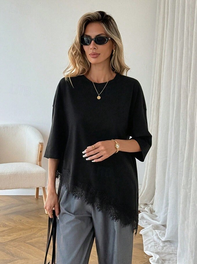 Γυναικεία Κομψή Χιτώνας Μπλουζάκι Ασύμμετρο στρίφωμα Σκέτο Κομψό Βοημία Κοντομάνικο Στρογγυλή Ψηλή Λαιμόκοψη Μακριές μπλούζες Causal Μαύρο Λευκό Καλοκαίρι Άνοιξη 2026 - $22.99 –P7