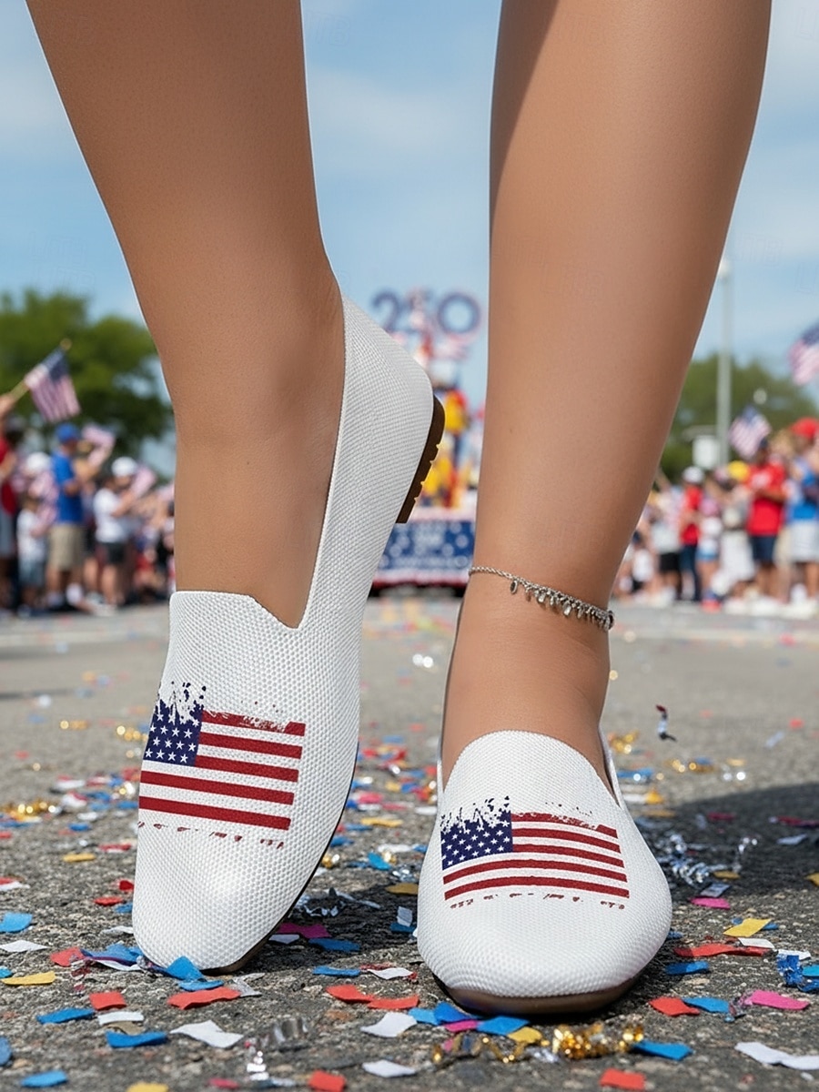 Zapatos planos de punto sin cordones para mujer con motivo del 250.º aniversario de EE. UU.: cómodos, ligeros y casuales, estilo urbano patriótico para festividades nacionales, festivales y viajes. 2026 - $29.99 –P2