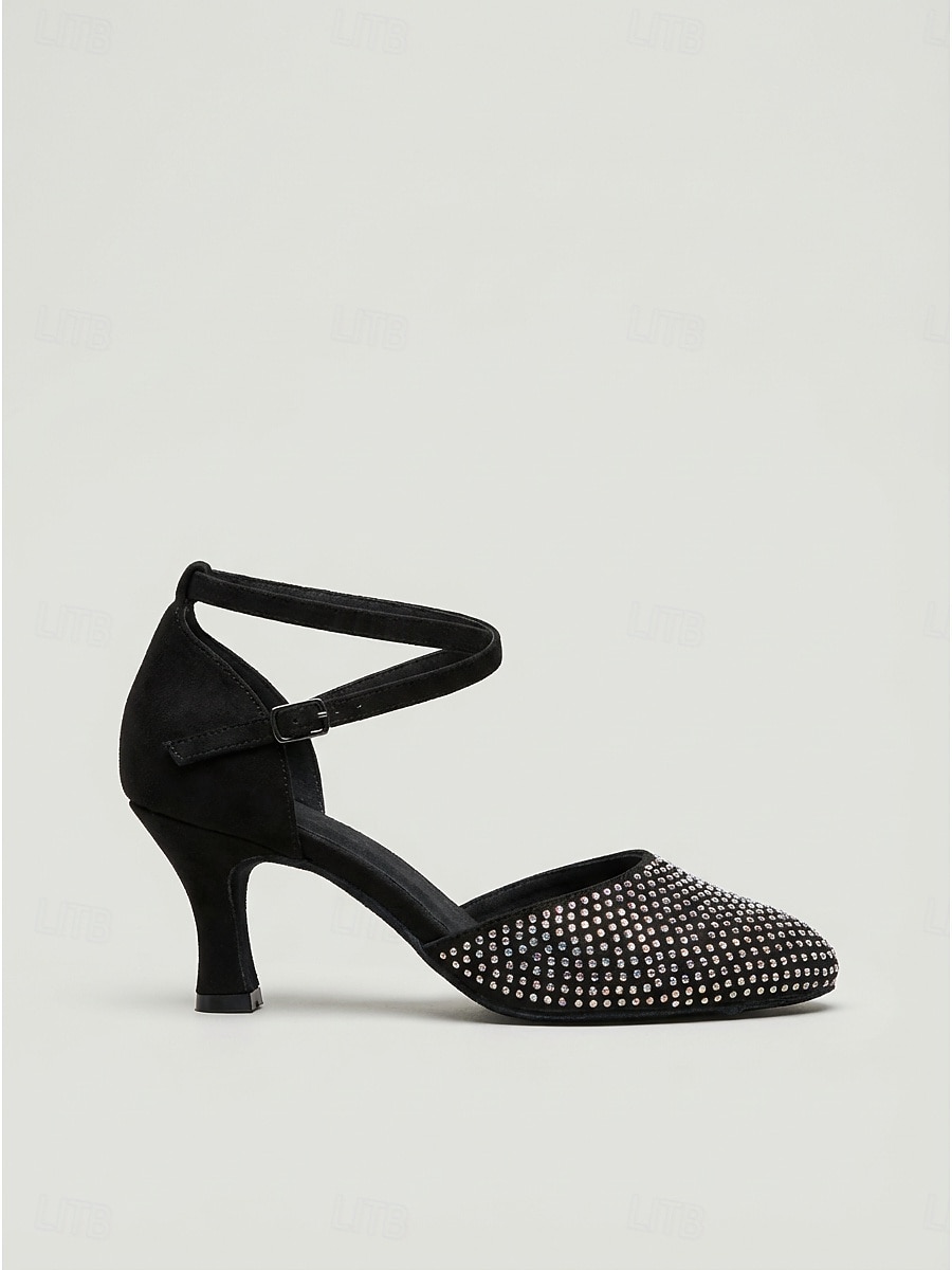 Scarpe da ballo da sala nere da donna, con punta chiusa e cinturino incrociato con strass, ideali per la pratica di balli standard, valzer e tango. & formazione del 2026 a $64.99 –P5