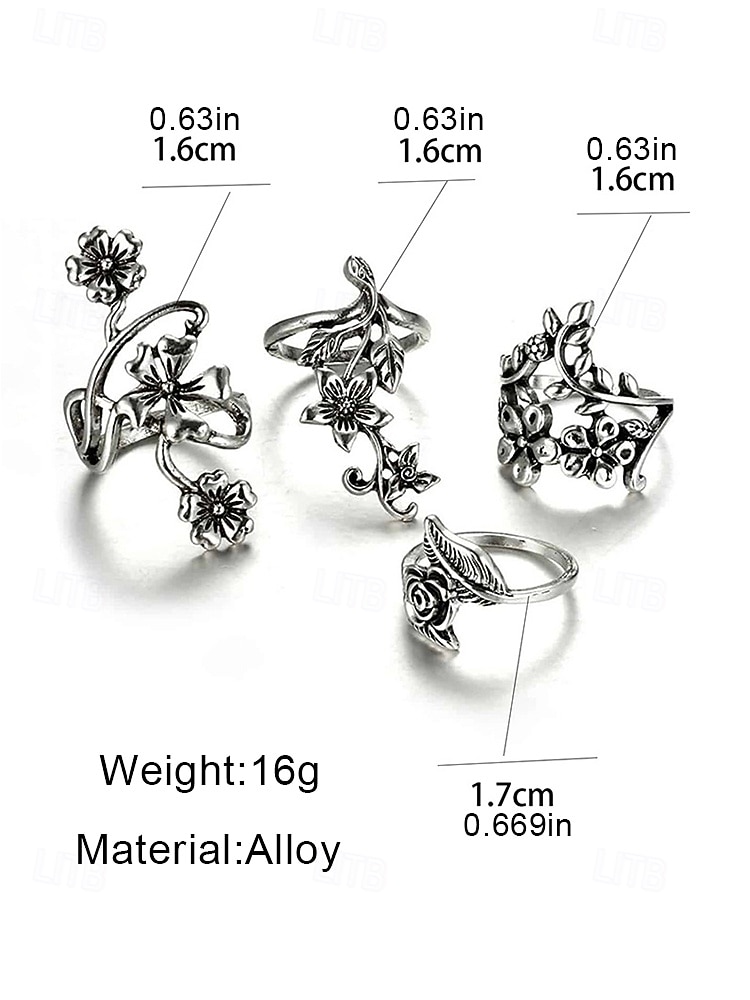 Women's Bohemian Style Alloy Rings Set of 4, Floral Design, Adjustable Fit, Perfect for Beach Vacations, Summer Outings, Everyday Casual Wear 2026 - $9.99 –P8