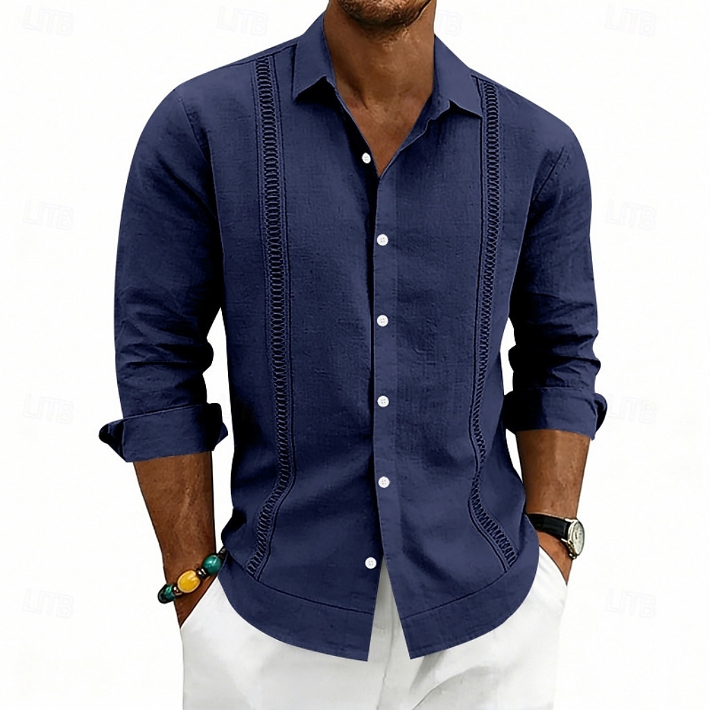 Herren Hemd Leinenhemd Sommerhemd Strandhemd Einfach Lässig Urlaub Schwarz Weiß Marineblau Khaki Langarm Umlegekragen Sommer Frühling Bekleidung Patchwork 2026 - $25.99 –P7