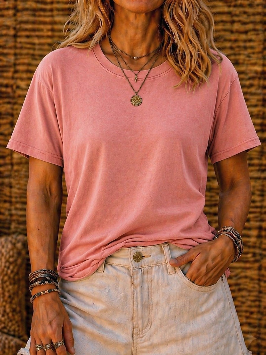 Camiseta softfade™ para mujer, 100% algodón, estilo vintage, con efecto desgastado, manga corta, cuello redondo, estilo casual, ideal para el día a día en la playa. Colores: rosa, rojo, azul, verde hierba, negro, naranja, verano y primavera. 2026 - $21.99 –P8