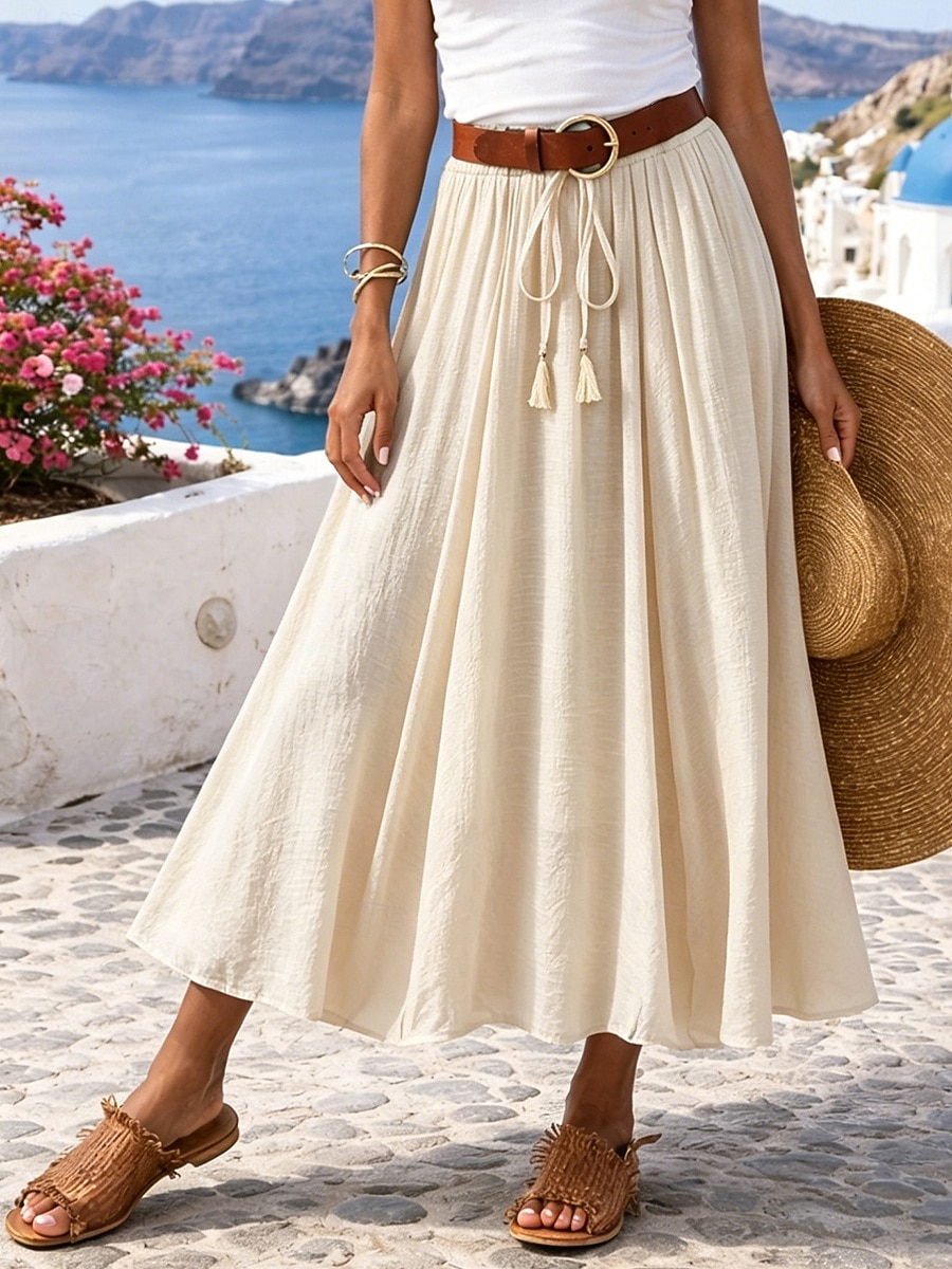 Mujer Falda de vacaciones Falda de lino y algodón sintético Moda Casual Maxi Alta cintura Faldas Plano Plisado Rígido Diario Vacaciones Azul Piscina Negro Rosa Caqui Verano 2026 - $11.49 –P3
