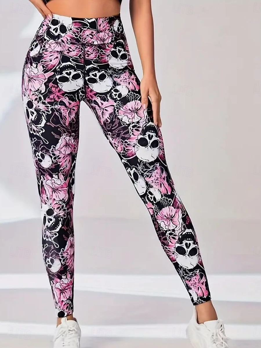 Women's Pilates Pants Yoga Pants Ruched Butt Lifting High Waist Gym Workout Running Fitness Leggings Skull Floral Botanical Pink Sports Activewear 2026 - $19.49 –P4