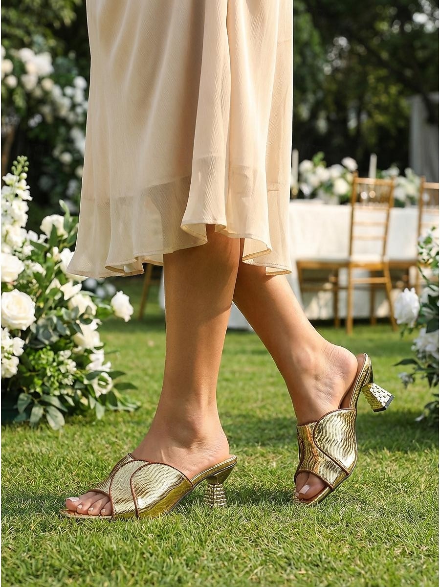 Women s Gold Open Toe Low Heel Sandals, Elegant Slip-On Dress Shoes for Wedding Guests, Garden Wedding & Outdoor Events