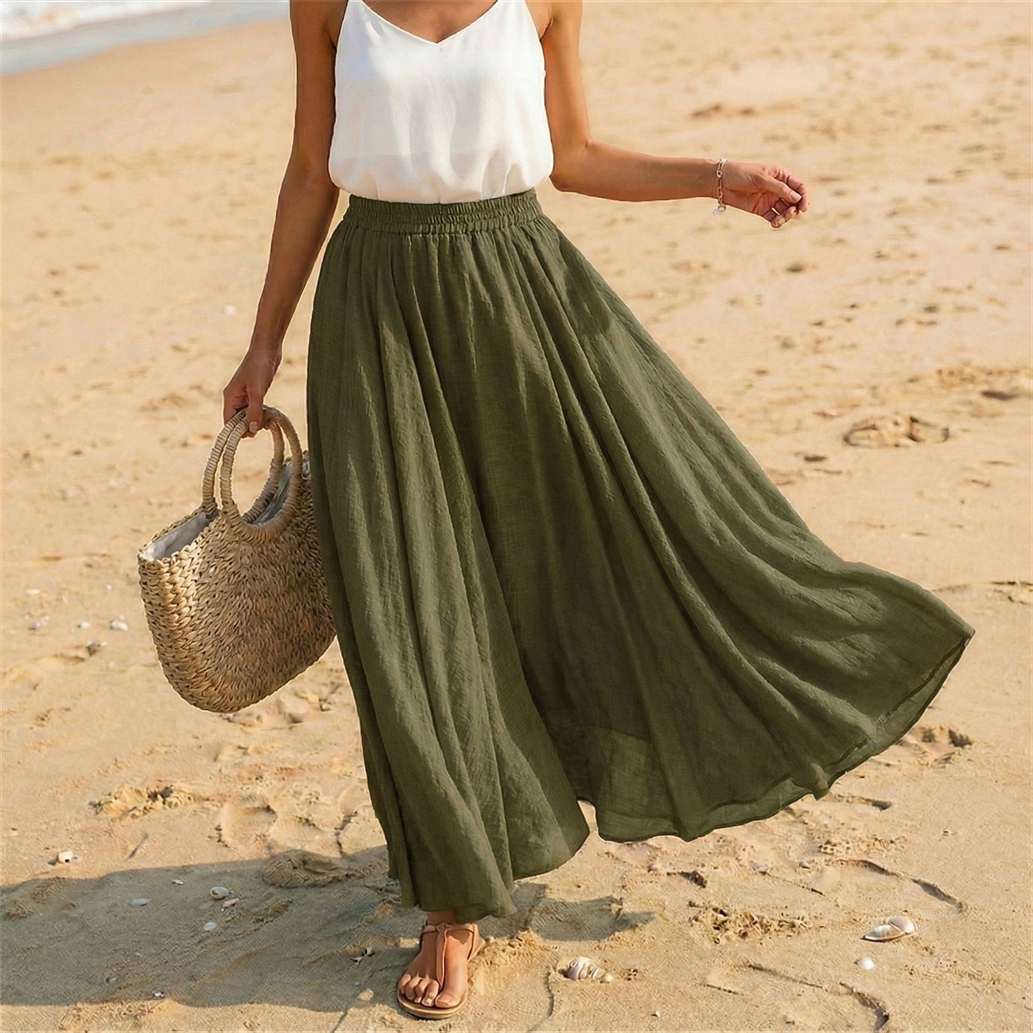 Women's Linen Blend Vacation Skirt Casual Maxi High Waist Skirts Holiday turmeric White Sky Blue Dark Green Summer 2026 - $27.99 –P18