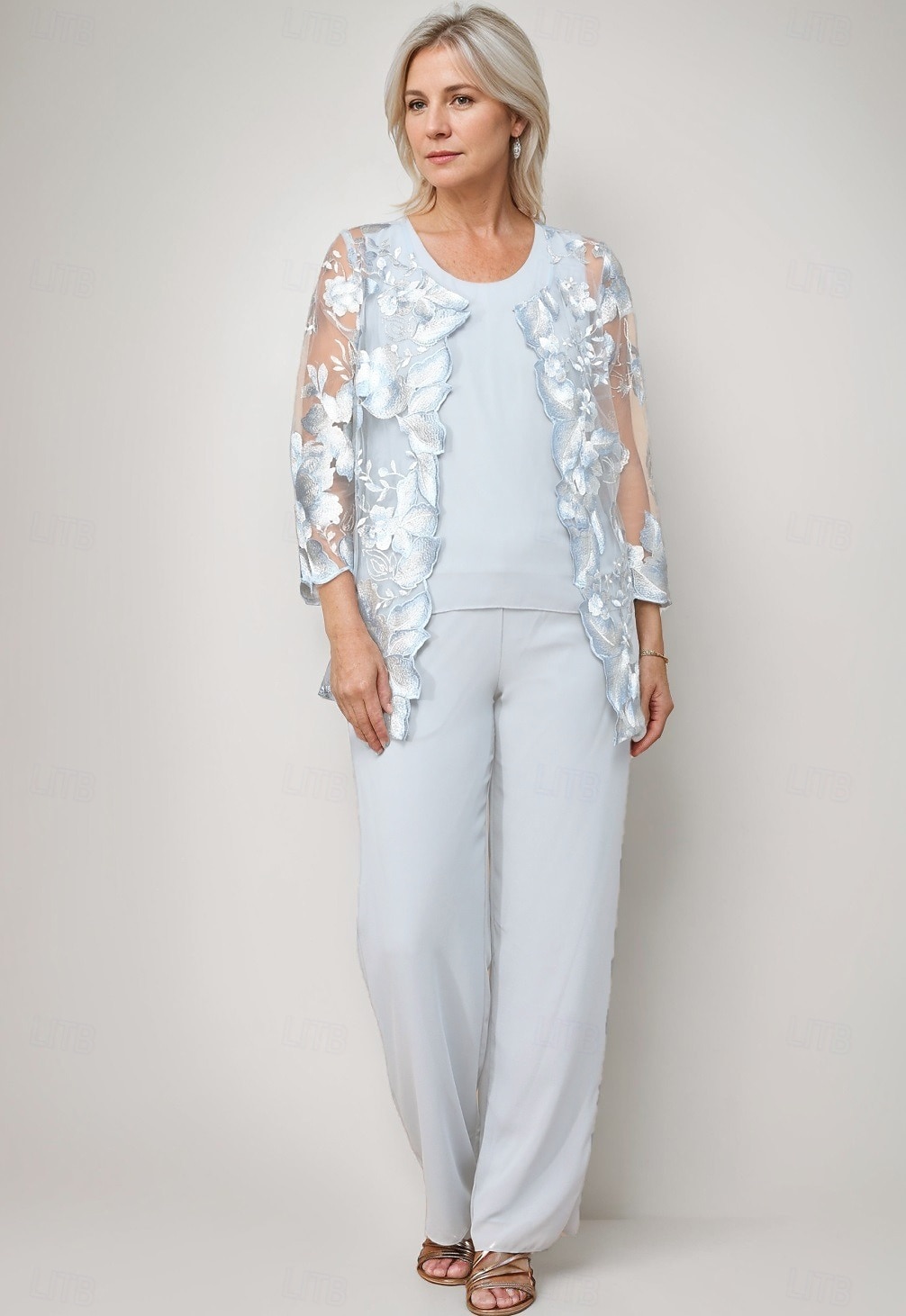 Jumpsuit Pantsuit 3 Piece Floor Length Mother of the Bride Dress Long Sleeve Crew Neck Elegant Formal Wedding Guest Chiffon Wrap Included with Lace Embroidery 2026 - $195.99 –P3