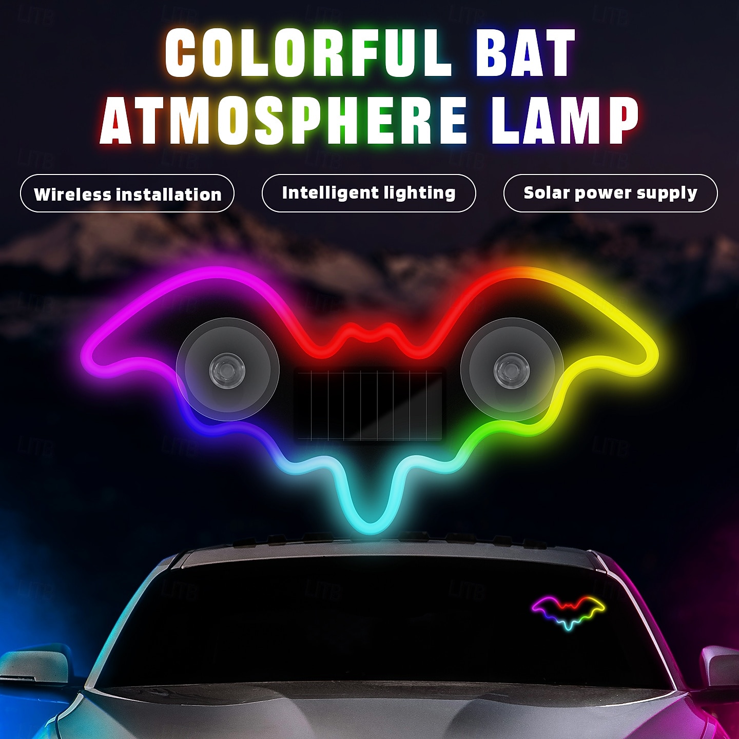 Car Solar Vacuum Suction Cup Neon Bat-Shaped Decorative Running Lights, Wire-Free, Type-C Rechargeable, 8 Modes, Ambient LED Car Interior & Exterior, Party, Halloween, Vehicle Decoration 2026 - $7.49 –P6