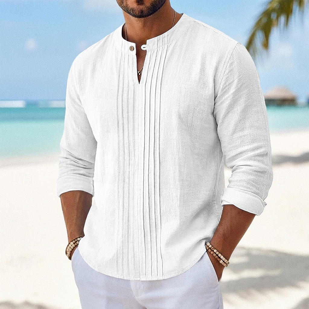 Herren Hemd Leinenhemd Sommerhemd Strandhemd Einfarbig Lässig Urlaub Blau Schwarz Weiß Khaki Langarm Mandarinkragen Sommer Bekleidung Gerafft 2026 - $25.99 –P4