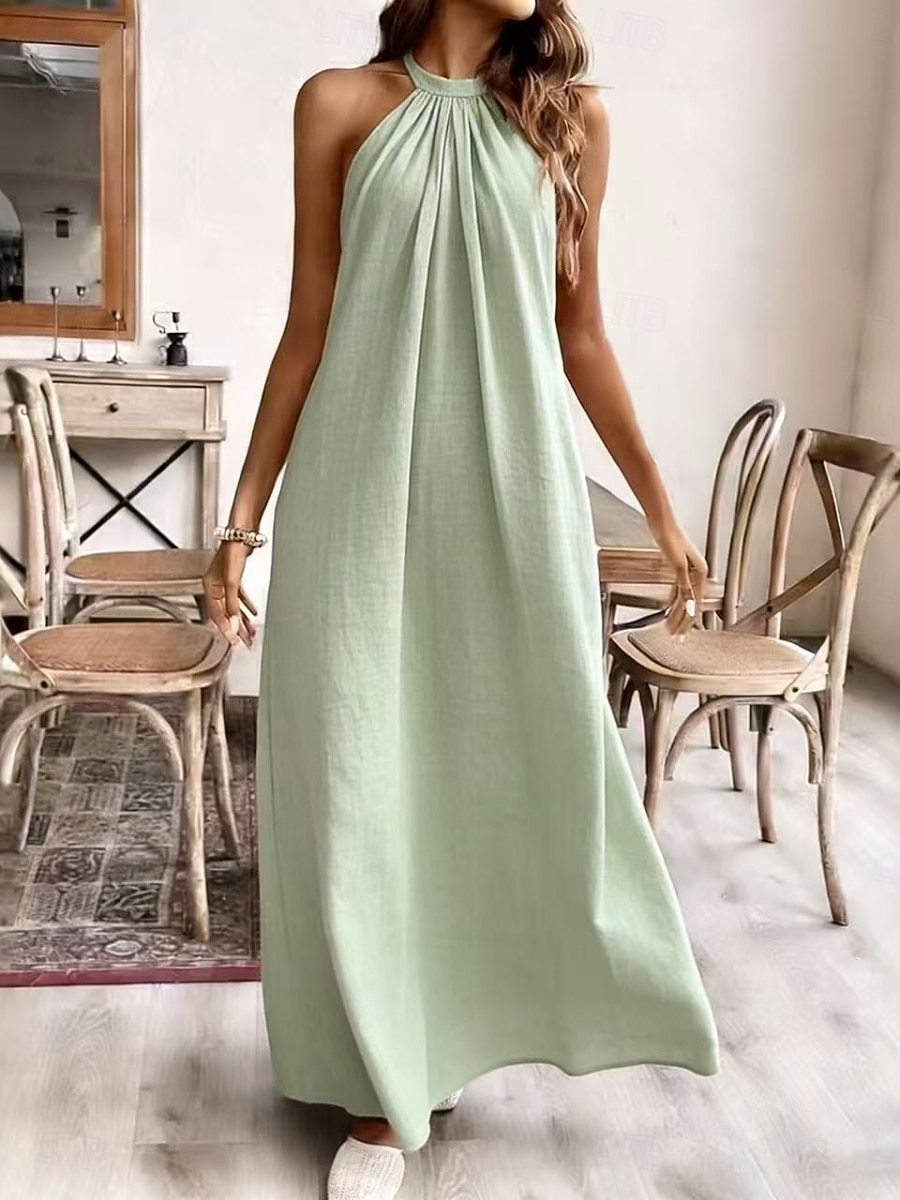 Women's Maxi Faux Cotton Linen Dress Shift Dress Summer Dress Casual Daily Loose Fit Plain Sleeveless Halter Neck Black White Yellow Purple Summer Spring 2026 - $28.99 –P3