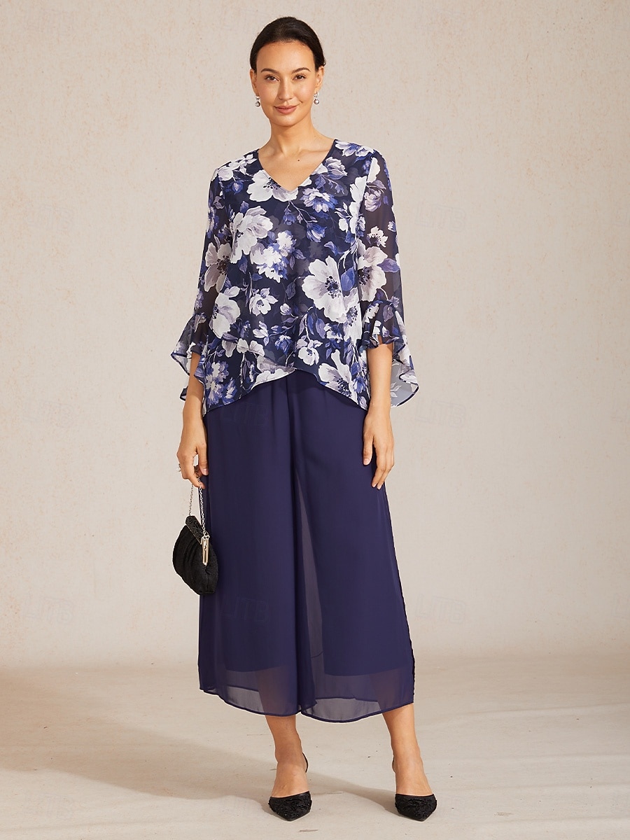 Dames Boho-shirt Blouse Ruche Bloemig Grafisch Paisley Vintage Stijlvol Casual 3/4 mouw V-hals Normale tops Dagelijks Werk Bruiloft gast Marineblauw Zomer Lente Herfst 2026 - BHD 25.99 –P4