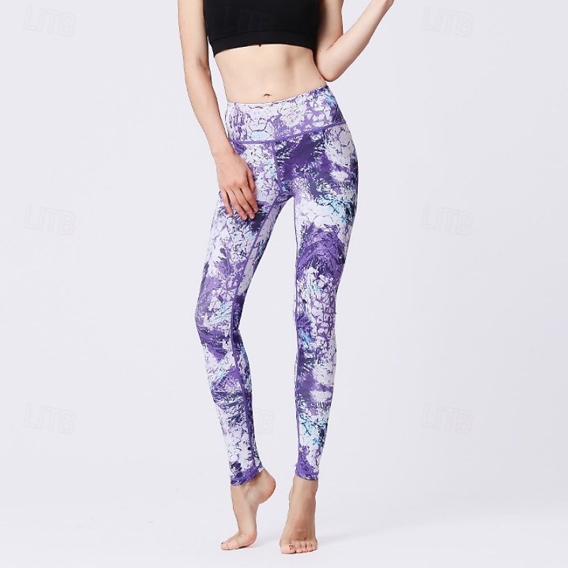 Dames Pilatesbroek Yogabroek Billenlift met ruche Hoge taille Sportschooltraining Hardlopen Fitness Legging Kleding Onderlichaam Flora Amethist Wit Blauw Sport Sportkleding Hoge Elasticiteit 2026 - $23.99 –P4