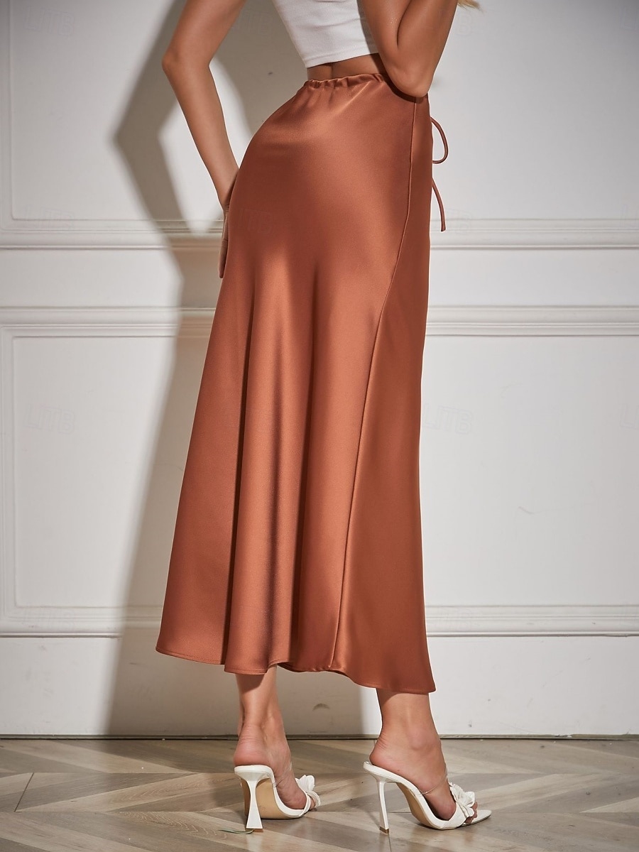 Per donna Gonne in raso Elegante Moda Maxi Vita Alta Gonne Semplice Coulisse Micro-elastico Feste Data Nero Blu marino Marrone chiaro Marrone Estate del 2026 a $40.99 –P3