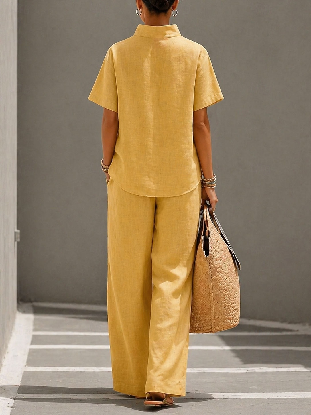 Pentru femei Seturi de pantaloni In din bumbac artificial Manșon scurt Guler de stand Culoare solidă Modă Șic Stradă Casual Zilnic În aer liber Albastru piscină Galben Trifoi Primavara vara Potrivire 2026 - $17.49 –P2