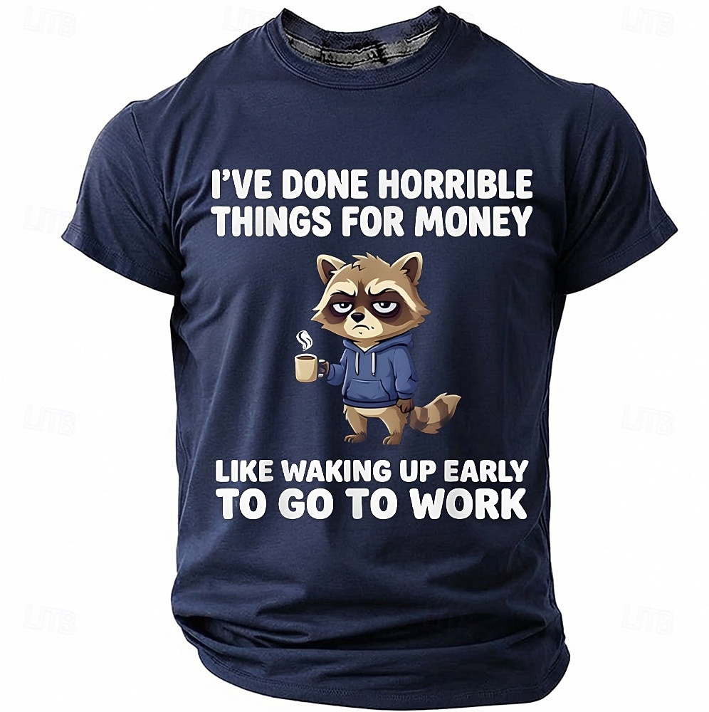 Maglietta da uomo con stampa divertente di un procione "Ho fatto cose orribili per soldi", maniche corte, girocollo, procione stanco che beve caffè, umorismo da ufficio, regalo sarcastico per del 2026 a $18.99 –P4