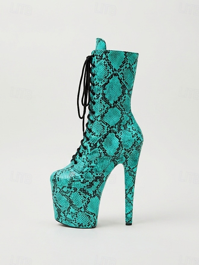 Damen-Plateau-Kniestiefel mit Schlangenmuster in Türkis – 20 cm hoher Absatz, Schnürung, ideal für Pole Dance &Nachtclub-Partystiefel 2026 - $109.99 –P5