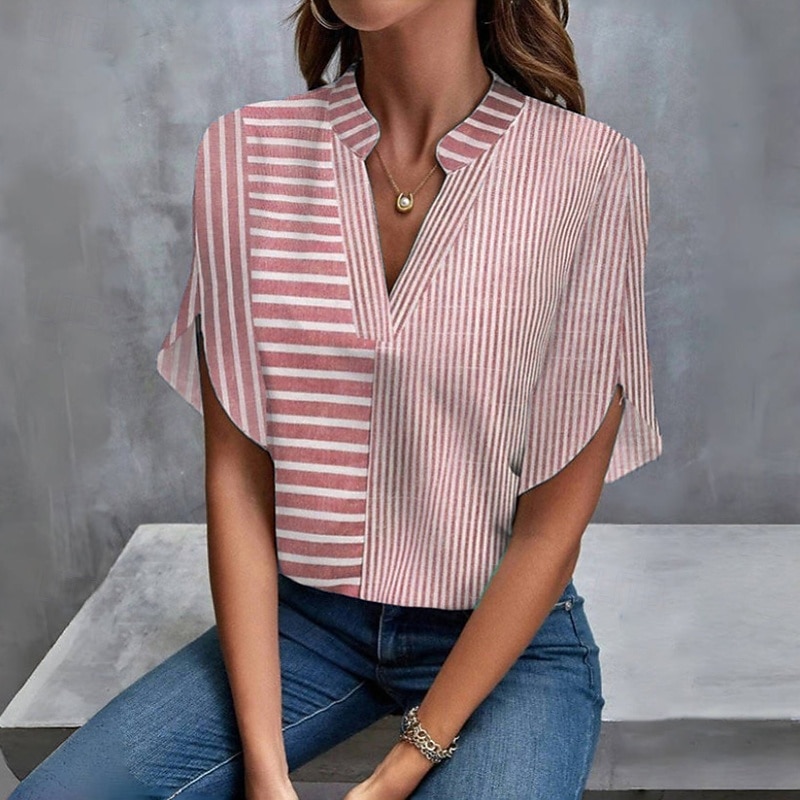 Femmes Chemise Chemisier Patchwork Rayé Élégant Vacances Manche Courte Col en V Hauts Longs Quotidien Fête Sortir Rose Claire Bleu Roi Été Printemps de 2026 ? $21.99 –P3
